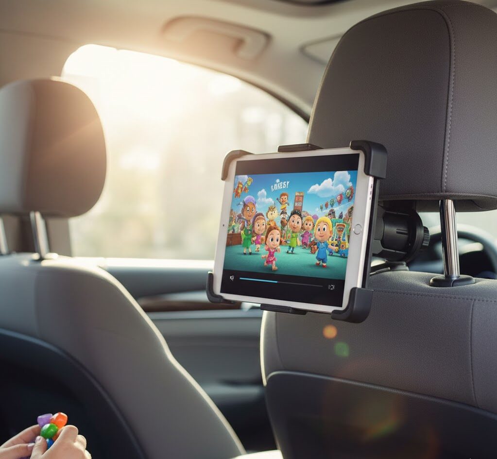نصب تبلت یا گوشی روی هولدر پشت سری صندلی برای سرگرمی سرنشینان عقب خودرو.