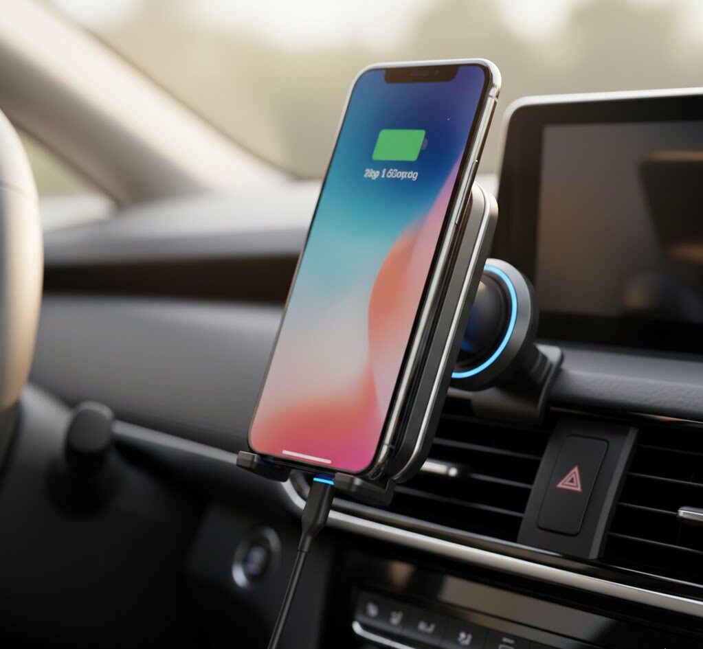 نمایی نزدیک از یک هولدر  شارژر وایرلس که گوشی را بدون نیاز به کابل شارژ می‌کند.