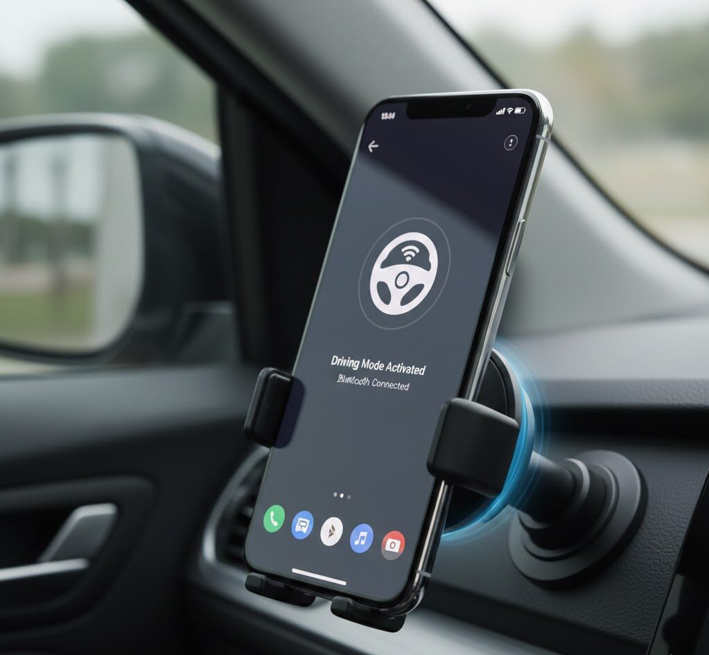 گوشی در حال اتصال به یک مگنتی که حالت رانندگی (Driving Mode) آن فعال شده است.