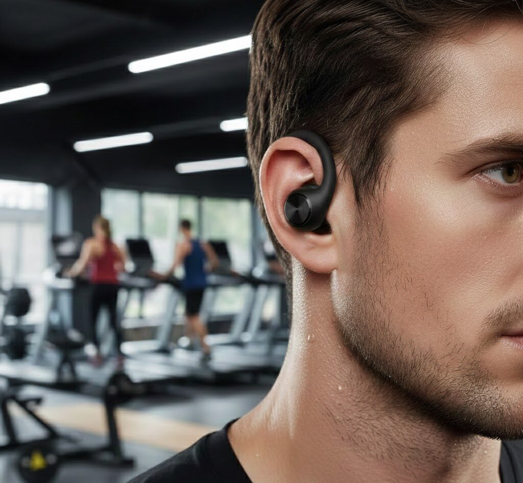 نمایی نزدیک از هندزفری ورزشی با طراحی Ear Hook در گوش برای حداکثر ثبات حین تمرین باشگاه.