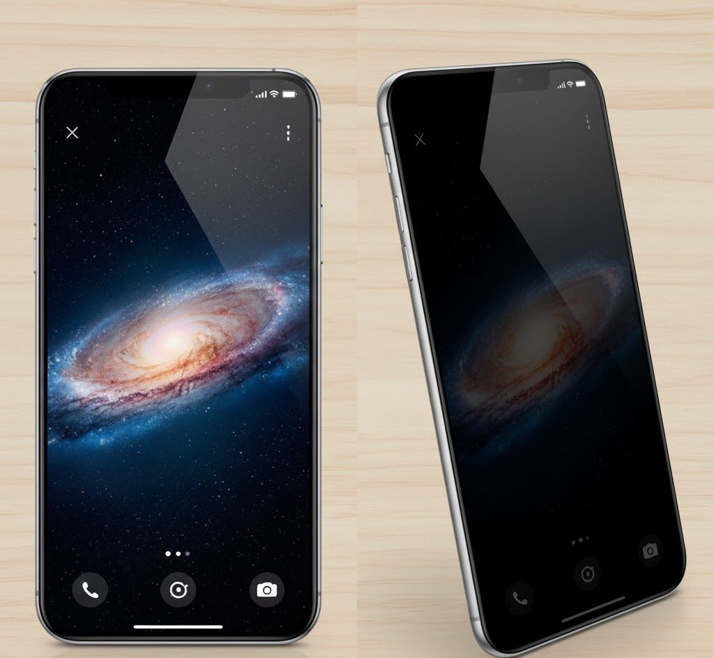 تصویر دوگانه از گوشی با گلس پرایوسی: یک سمت صفحه نمایش از روبرو شفاف و سمت دیگر از کنار تاریک است، نشاندهنده حفظ حریم شخصی