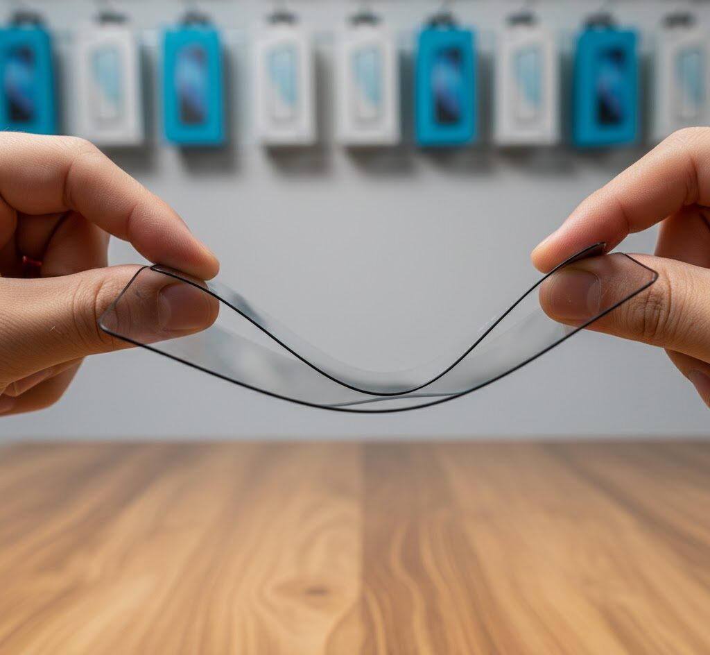 دست فردی در حال خم کردن گلس سرامیکی موبایل بدون شکستن آن، نشاندهنده انعطافپذیری و مقاومت بالای گلس