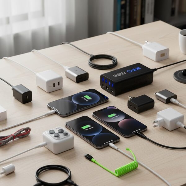 راهنمای خرید شارژر گوشی: گوشی هوشمند در حال شارژ سریع با کابل USB-C و آداپتور