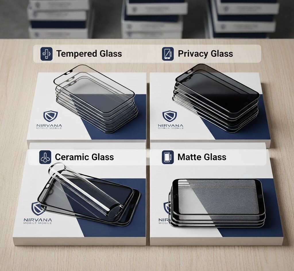 مجموعهای از گلسهای موبایل شامل انواع شیشهای، سرامیکی، پرایوسی و مات با بستهبندیهای مرتب برای خرید عمده