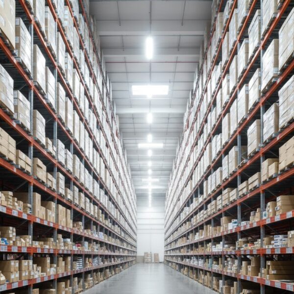 انبار منظم و قفسه‌بندی شده با موجودی عمده پاوربانک، نشان دهنده مدیریت هوشمندانه و ریسک پایین انبارداری