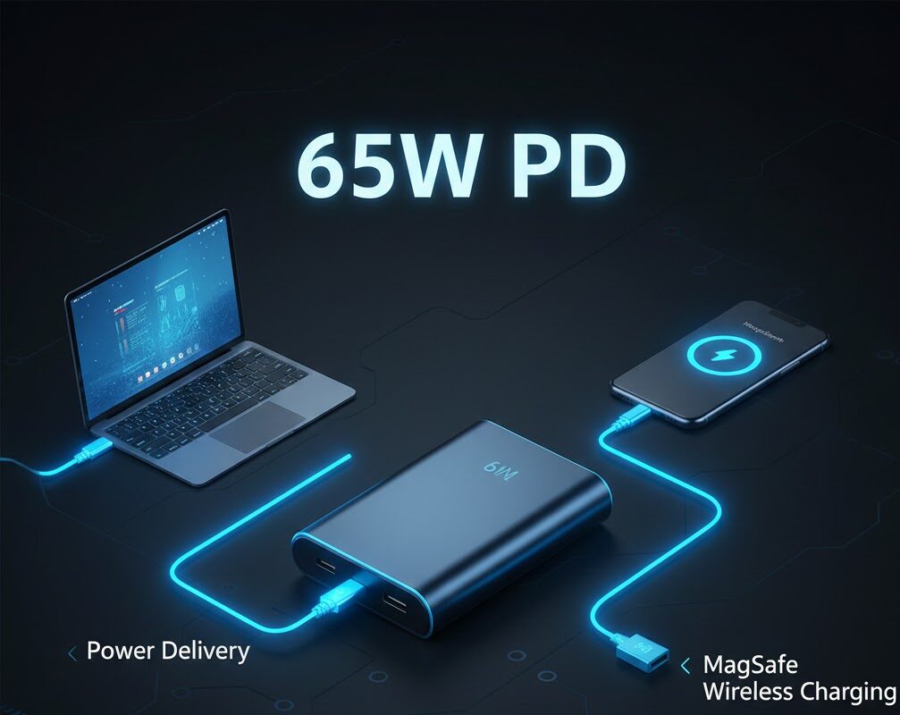 نمایش فنی پروتکل شارژ سریع ۶۵ وات از طریق پورت Type-C، قابلیت شارژ لپ‌تاپ و گوشی به طور همزمان