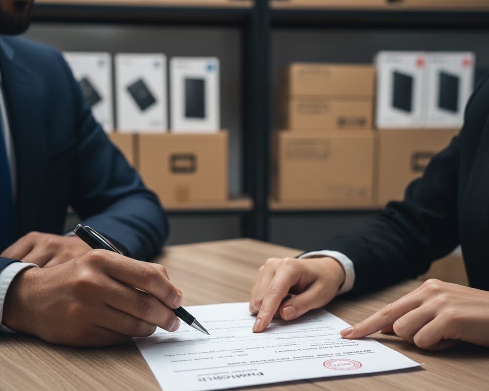 تصویر مذاکره تجاری و امضای قرارداد یا فاکتور رسمی، نمادی از تضمین اصالت و اعتبار در پخش عمده لوازم جانبی