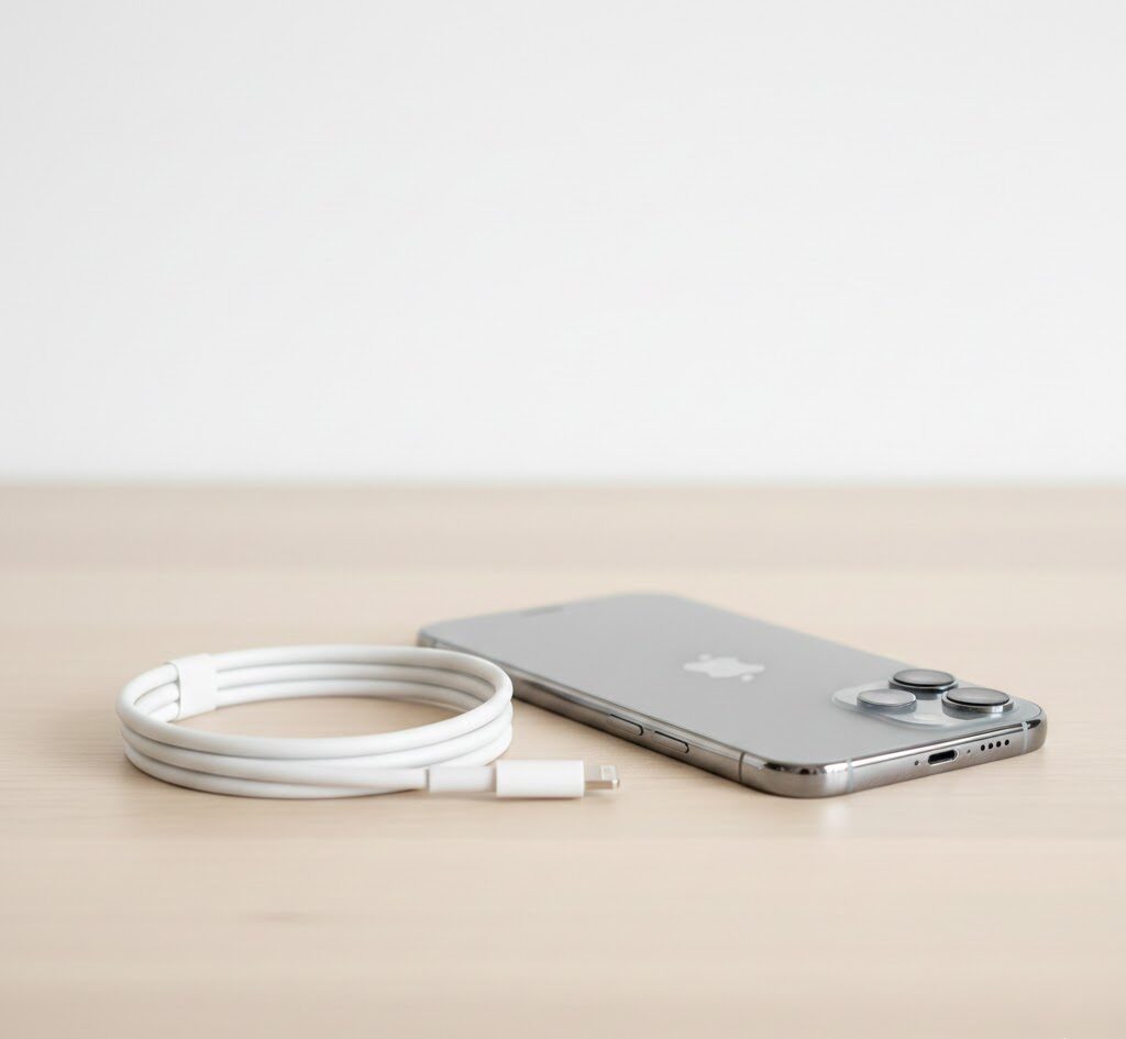 کابل شارژ اصلی آیفون متصل به گوشی جهت تشخیص اصالت در نیروانا موبایل