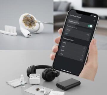 راهنمای تصویری عیب‌یابی صدای کم هدفون بلوتوث، شامل تمیز کردن توری هندزفری، تنظیمات بلوتوث گوشی و تصویر محصولات نیروانا موبایل.