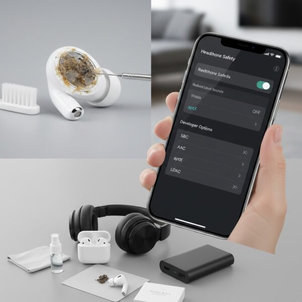 راهنمای تصویری عیب‌یابی صدای کم هدفون بلوتوث، شامل تمیز کردن توری هندزفری، تنظیمات بلوتوث گوشی و تصویر محصولات نیروانا موبایل.