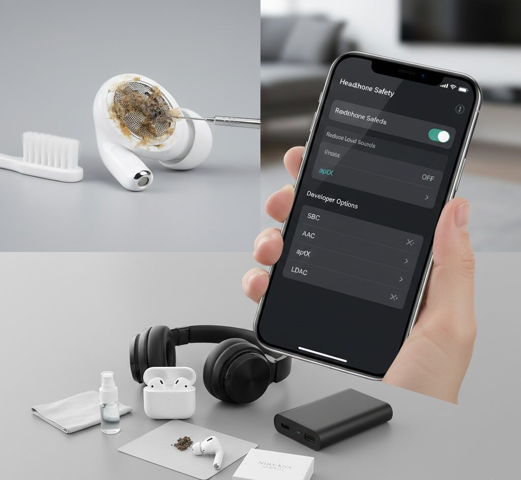 راهنمای تصویری عیب‌یابی صدای کم هدفون بلوتوث، شامل تمیز کردن توری هندزفری، تنظیمات بلوتوث گوشی و تصویر محصولات نیروانا موبایل.