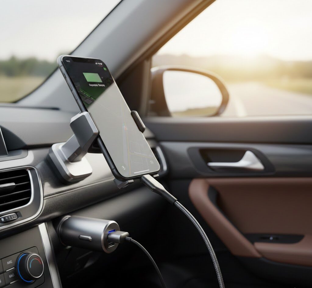 شارژر فندکی با کیفیت در حال شارژ گوشی موبایل در هولدر