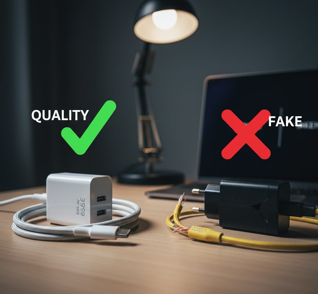 مقایسه کابل شارژر سالم و اورجینال در کنار کابل فرسوده و تقلبی برای بررسی علت کند شارژ شدن گوشی