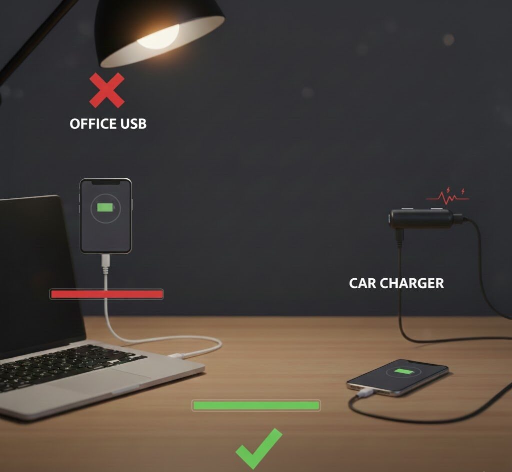 اینفوگرافیک مقایسه توان پایین پورت USB کامپیوتر (اشتباه) در مقابل استفاده از شارژر استاندارد (صحیح) برای رفع مشکل کند شارژ شدن گوشی