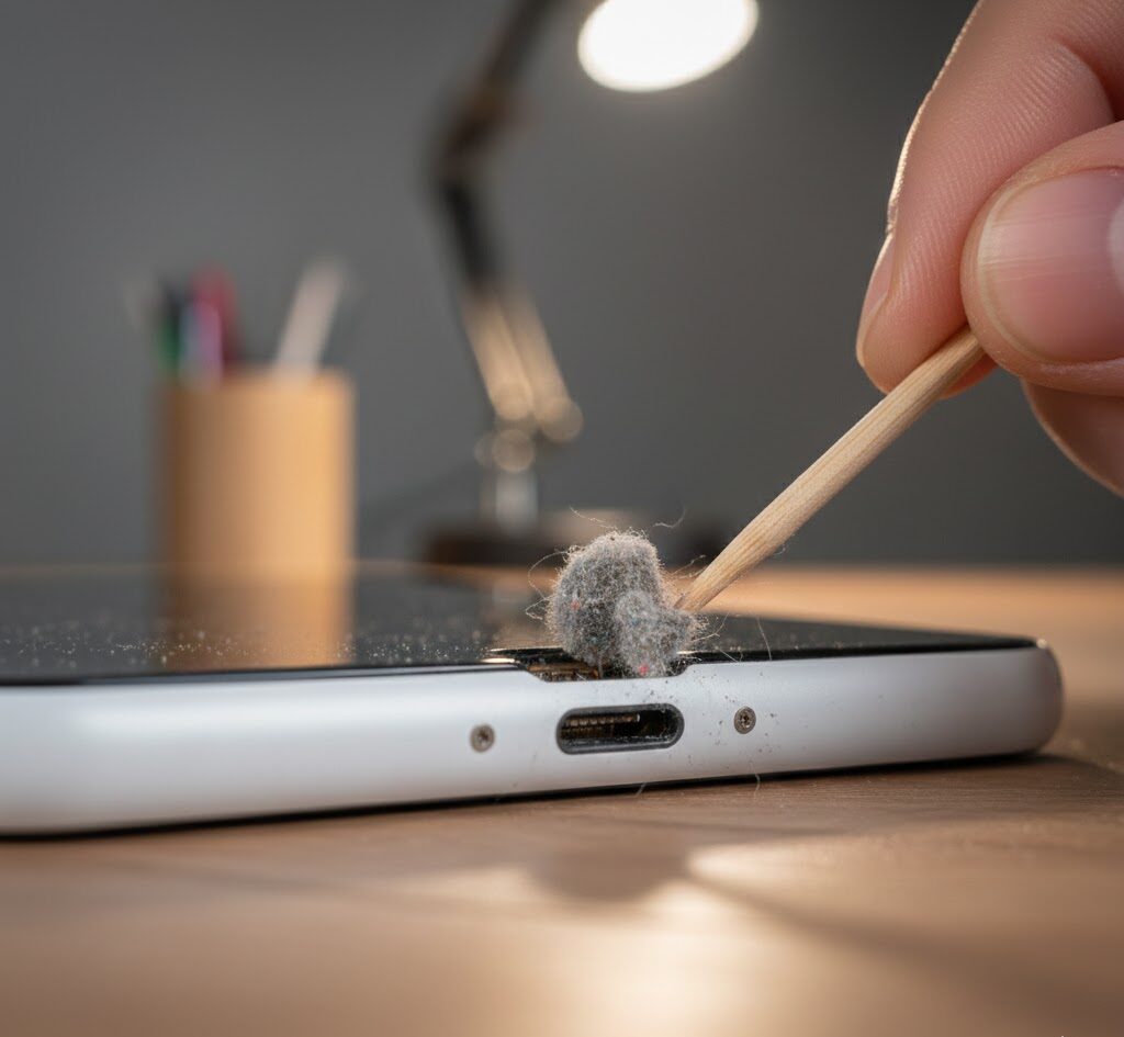 نمای نزدیک از تمیز کردن گرد و غبار داخل پورت شارژ گوشی با خلال دندان برای رفع علت کند شارژ شدن گوشی