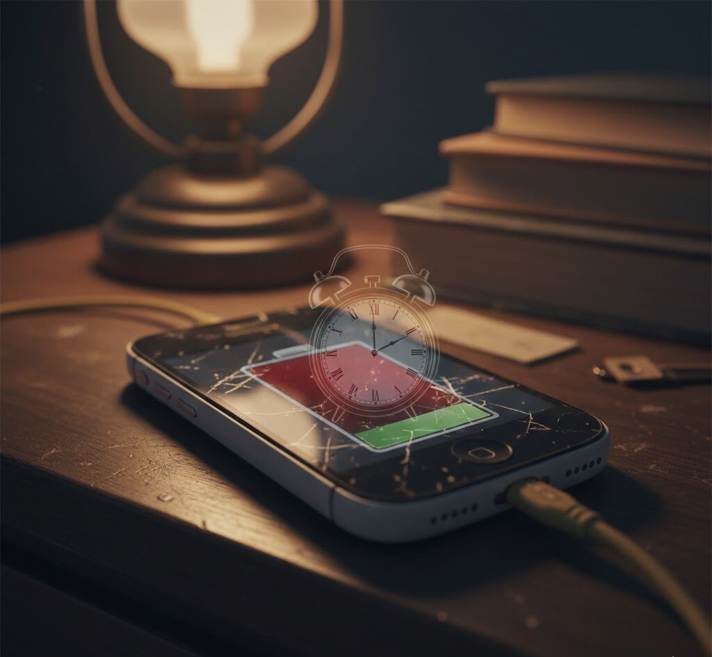 تصویر مفهومی از یک گوشی قدیمی با نماد باتری ضعیف و فرسوده که نشان‌دهنده دلیل اصلی کند شارژ شدن در مدل‌های قدیمی است.