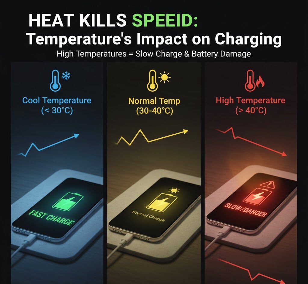 نمایش گوشی هوشمند در کنار نماد دماسنج قرمز که نشان‌دهنده کاهش سرعت شارژ به دلیل دمای بالا (Throttling) است.