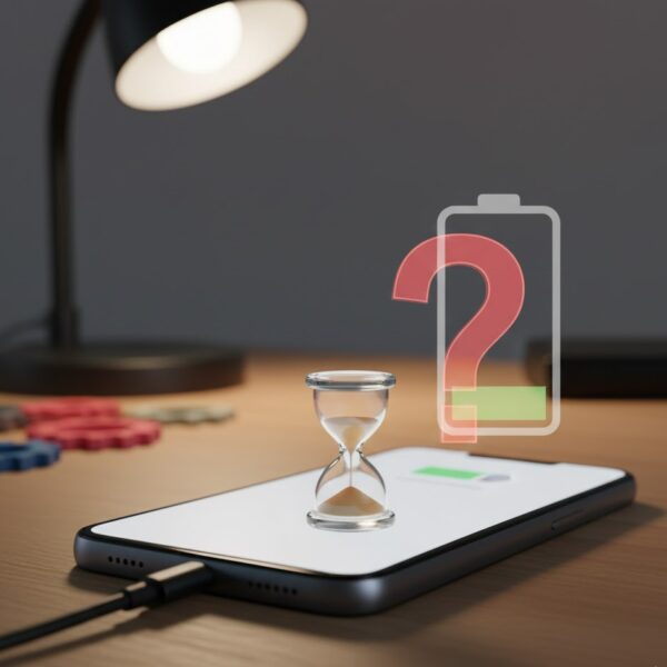 تصویری از یک گوشی در حال شارژ با نماد ساعت شنی و باتری ضعیف که نشان‌دهنده سرعت پایین شارژ است.