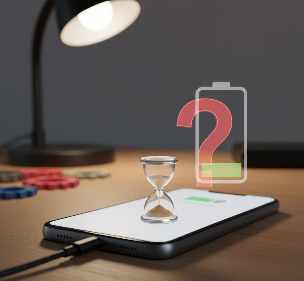 تصویری از یک گوشی در حال شارژ با نماد ساعت شنی و باتری ضعیف که نشان‌دهنده سرعت پایین شارژ است.